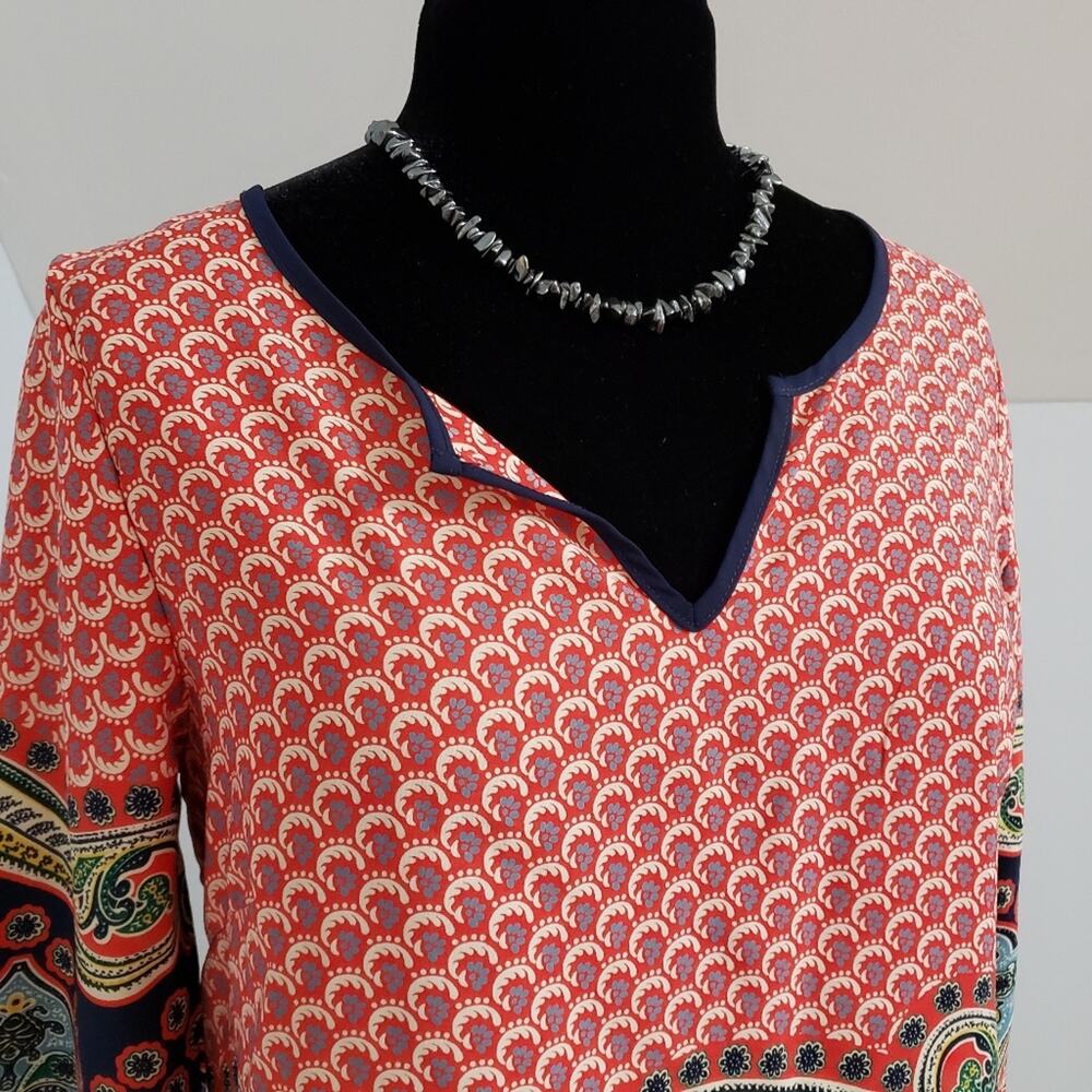 Split Neck 3/4 Sleeve Pullover Tangerine Paisley Tunic Top by Miami Medium - Picture 5 of 12